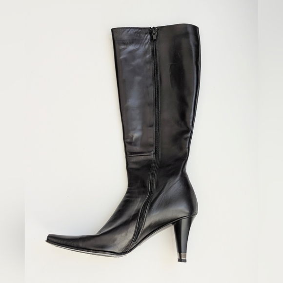 Sofia Italy Sleek Black Knee-High, Square-Toe Boots w/Silver Wrap Around 3" Heel - Picture 8 of 16